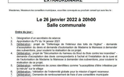 Convocation conseil municipal extraordinaire du mercredi 26 janvier à 20h