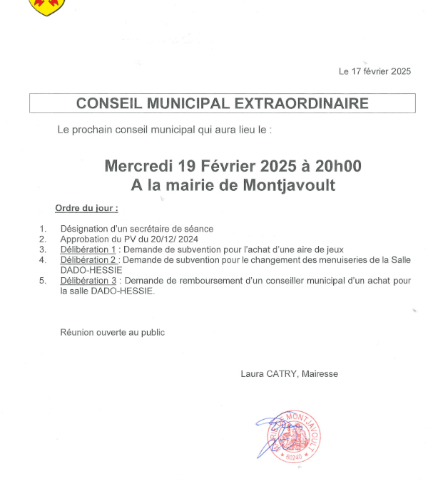 Convocation Conseil Municipal du mercredi 19 février 2025 à 20h