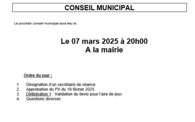 Convocation Conseil Municipal vendredi 7 mars à 20h