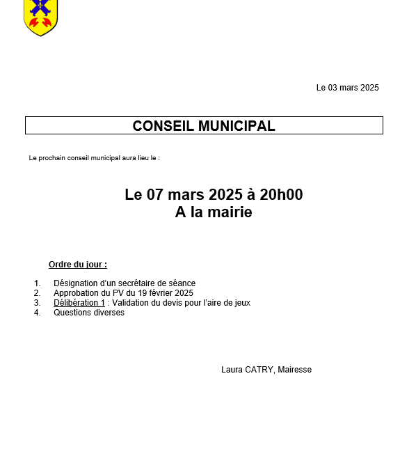 Convocation Conseil Municipal vendredi 7 mars à 20h