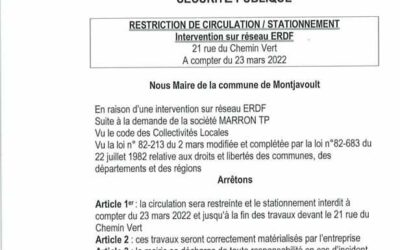 Bonsoir, raison d’une intervention d’ERDF, 21 rue du Chemin Vert au Vouast, mercredi 23 mars, la circulation sera restreinte ainsi que le stationnement à ce niveau de la rue . Nous vous remercions pour votre compréhension.