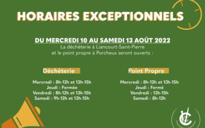 déchèteries #Horaires‼ CHANGEMENT HORAIRES DÉCHÈTERIE ET POINT PROPREDu mercredi 10 au samedi 13 août les horaires de la déchèterie à Liancourt-Saint-Pierre et du point propre à Porcheux sont modifiés.𝗣𝗢𝗥𝗖𝗛𝗘𝗨𝗫Mercredi 10/08 : de 8h à 12h et de 13h à 15hJeudi 11/08 : ferméVendredi 12/08 : de 13h à 15hSamedi 13/08 : de 8h à 12h𝗟𝗜𝗔𝗡𝗖𝗢𝗨𝗥𝗧-𝗦𝗔𝗜𝗡𝗧-𝗣𝗜𝗘𝗥𝗥𝗘Mercredi 10/08 : de 8h à 12h et de 13h à 15hJeudi 11/08 : ferméeVendredi 12/08 : de 8h à 12h et de 13h à 15hSamedi 13/08 : de 8h à 12h et de 13h à 15hPlus d’infos : www.smdoise.frSMDO