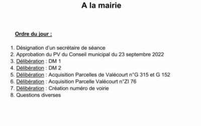 Le prochain Conseil Municipal aura lieu vendredi 14 octobre à 20h en mairie.