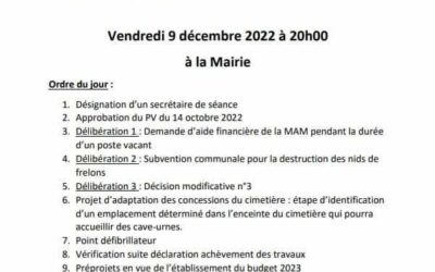 Le prochain Conseil Municipal aura lieu vendredi 9 décembre à 20h en mairie.