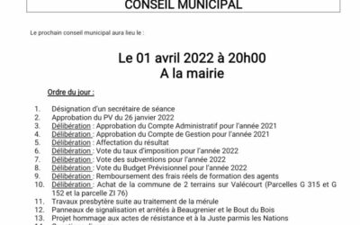 Conseil municipal du vendredi 1er avril à 20h