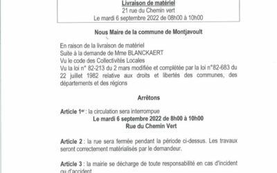 Circulation ⚠ : ce mardi 6 septembre- rue du Chemin Vert fermée à la circulation de 8h à 10h .