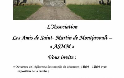 Le programme des découvertes à Montjavoult pendant les vacances de Noël :l’association ASMM ouvre l’église tous les samedis, et propose une lecture de contes et un gouter le 21 et 29 décembre–l’association « Tout Court » invite les Montjoviciens à un ateliers Effets Spéciaux jeudi 22 décembre sur réservation.contact@toutcourtfestival.com