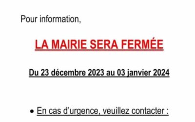 la Mairie de Montjavoult sera fermée au public à partir de vendredi 22 décembre 17h et réouvrira jeudi 4 janvier 2024 à 9h.Nous vous souhaitons d’heureuses fêtes de fin d’année, entourés de ceux que vous aimez !