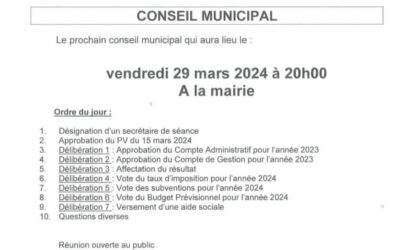 Conseil Municipal du vendredi 29 mars à 20h