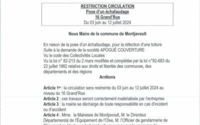 Restriction, ralentissement de la circulation au niveau du 16 Grand Rue, du 3 juin au 12 juillet 2024 en raison de travaux nécessitant la pose d’un échafaudage.Nous vous remercions pour votre compréhension.