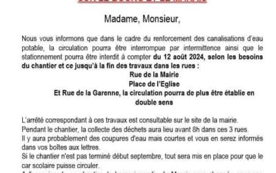 En raison des travaux pour le renforcement du réseau d’eau potable et le raccordement du réseau de Montjavoult à Vaudancourt, la circulation des véhicules sera contrainte sur les hameaux du Bourg et du Marais jusqu’à la fin des travaux aux environs du 7 septembre.