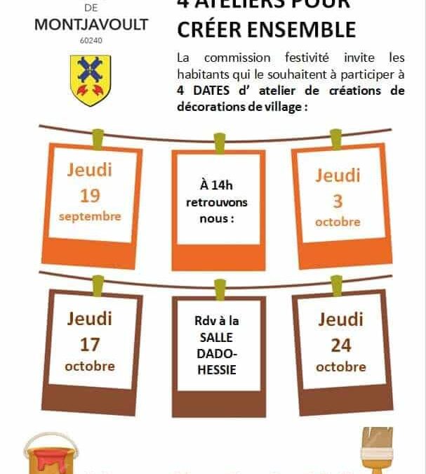 CRÉONS ENSEMBLE NOS DÉCORATIONS DE VILLAGE : 4 dates d’ateliers de créations manuelles  – rdv Salle dado-Hessie à 14h :