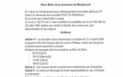 TRAVAUX : PERTURBATION DE CIRBULATION à  Beaugrenier et au  Bout du B ⚠️à compter du 14 Octobre Rue de la Libération à Beaugrenier : interventions courtes de Véolia entrainant des perturbations de la circulation prévues entre le 14 octobre et le 14 novembre. ⚠️à compter du 21 octobre au Bout du Bois : Enfouissement d’une ligne électrique pendant les vacances de la Toussaint : la circulation du bus scolaire ne devrait subir aucune gêne.Nous remercions l’ensemble des usagers pour votre adaptation à ces travaux.