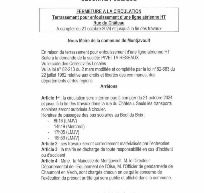 TRAVAUX : PERTURBATION DE CIRBULATION à  Beaugrenier et au  Bout du B ⚠️à compter du 14 Octobre Rue de la Libération à Beaugrenier : interventions courtes de Véolia entrainant des perturbations de la circulation prévues entre le 14 octobre et le 14 novembre. ⚠️à compter du 21 octobre au Bout du Bois : Enfouissement d’une ligne électrique pendant les vacances de la Toussaint : la circulation du bus scolaire ne devrait subir aucune gêne.Nous remercions l’ensemble des usagers pour votre adaptation à ces travaux.