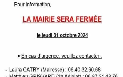 Fermeture de la mairie le jeudi 31 octobre