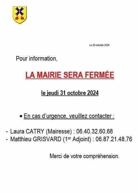 Fermeture de la mairie le jeudi 31 octobre