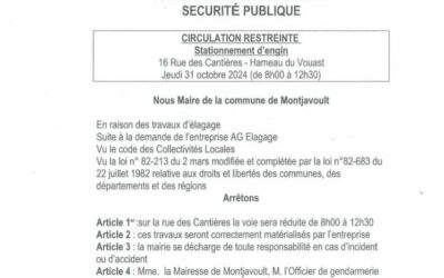 LE VOUAST : afin de sécuriser la circulation sur la rue des Cantières, des travaux d’élagage seront effectués ce jeudi 31 octobre entre 8h et 12h30. La route sera partiellement bloquée. Nous vous remercions pour votre compréhension.