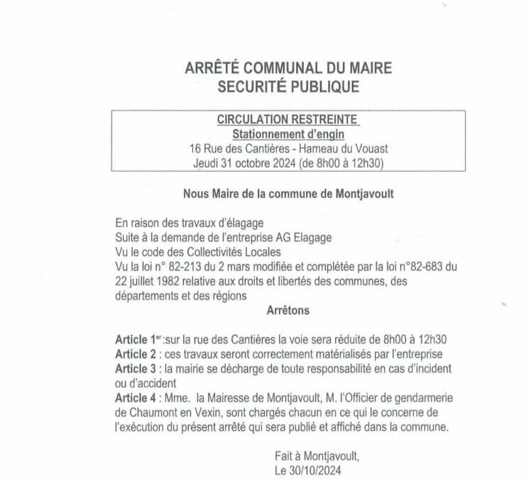 LE VOUAST : afin de sécuriser la circulation sur la rue des Cantières, des travaux d’élagage seront effectués ce jeudi 31 octobre entre 8h et 12h30. La route sera partiellement bloquée. Nous vous remercions pour votre compréhension.