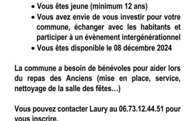 La Commune de Montjavoult organise un déjeuner le 8 décembre 2024 pour fêter la fin de l’année avec les Montjoviciens de 68 ans et +. Nous recherchons de jeunes bénévoles ! Merci !