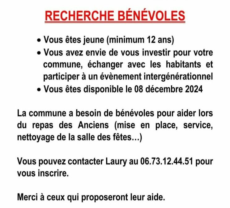 La Commune de Montjavoult organise un déjeuner le 8 décembre 2024 pour fêter la fin de l’année avec les Montjoviciens de 68 ans et +. Nous recherchons de jeunes bénévoles ! Merci !