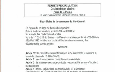 jeudi 14 novembre de 13h a 18h, la rue de la Plaine, hameau du Vouast, sera fermée en raison de travaux chez des particuliers.