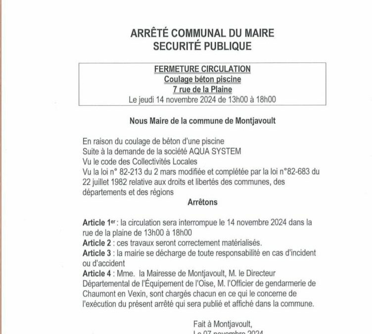 jeudi 14 novembre de 13h a 18h, la rue de la Plaine, hameau du Vouast, sera fermée en raison de travaux chez des particuliers.