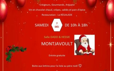 Le Marché de Noël approche !Il aura lieu le 7 décembre dans la salle DADO-HESSIE 15 rue de la mairie à Montjavoult.Animations de Noël et Restauration.Organisé par l’association MONTJA’BOUGE.