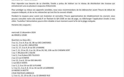 ⚠️COUPURES DE COURANT⚠️ce MERCREDI 11 DECEMBRE 2024sur l’ensemble du village.Merci pour votre compréhension.