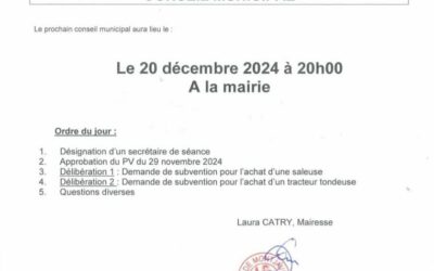 Conseil municipal le 20 décembre à 20h