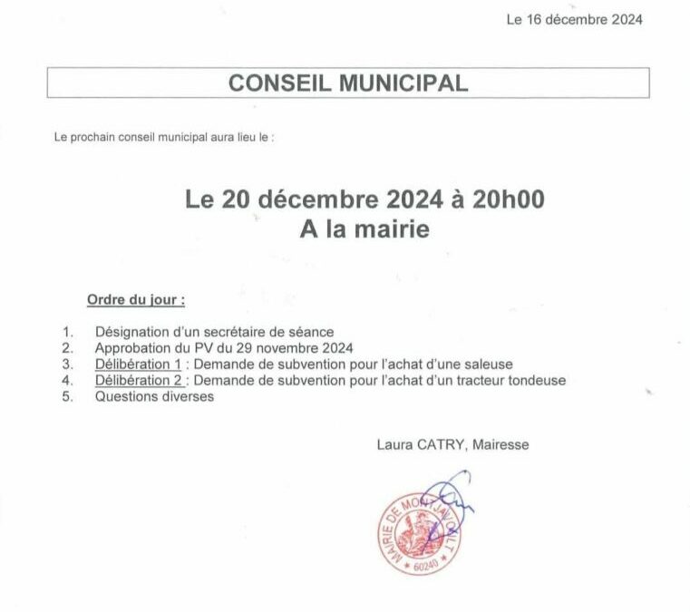 Conseil municipal le 20 décembre à 20h