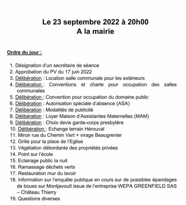 Conseil municipal du vendredi 23 septembre à 20h