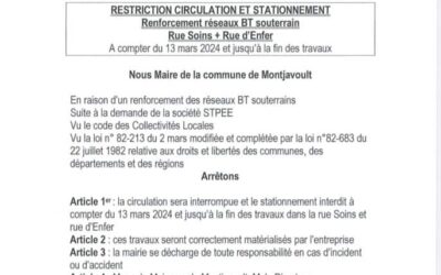 Arrêté Communal du Maire: CIRCULATION COUPÉE pour enfouissement de lignes électriques – RUE SOIN et RUE D’ENFER.Merci de votre compréhension