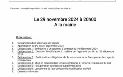 Conseil Municipal le vendredi 29 novembre à 20 h en mairie.