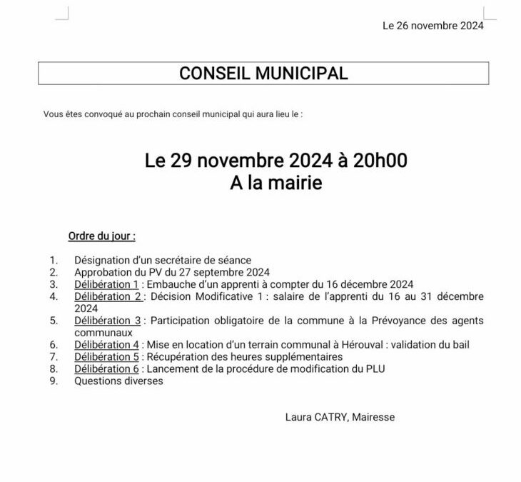 Conseil Municipal le vendredi 29 novembre à 20 h en mairie.